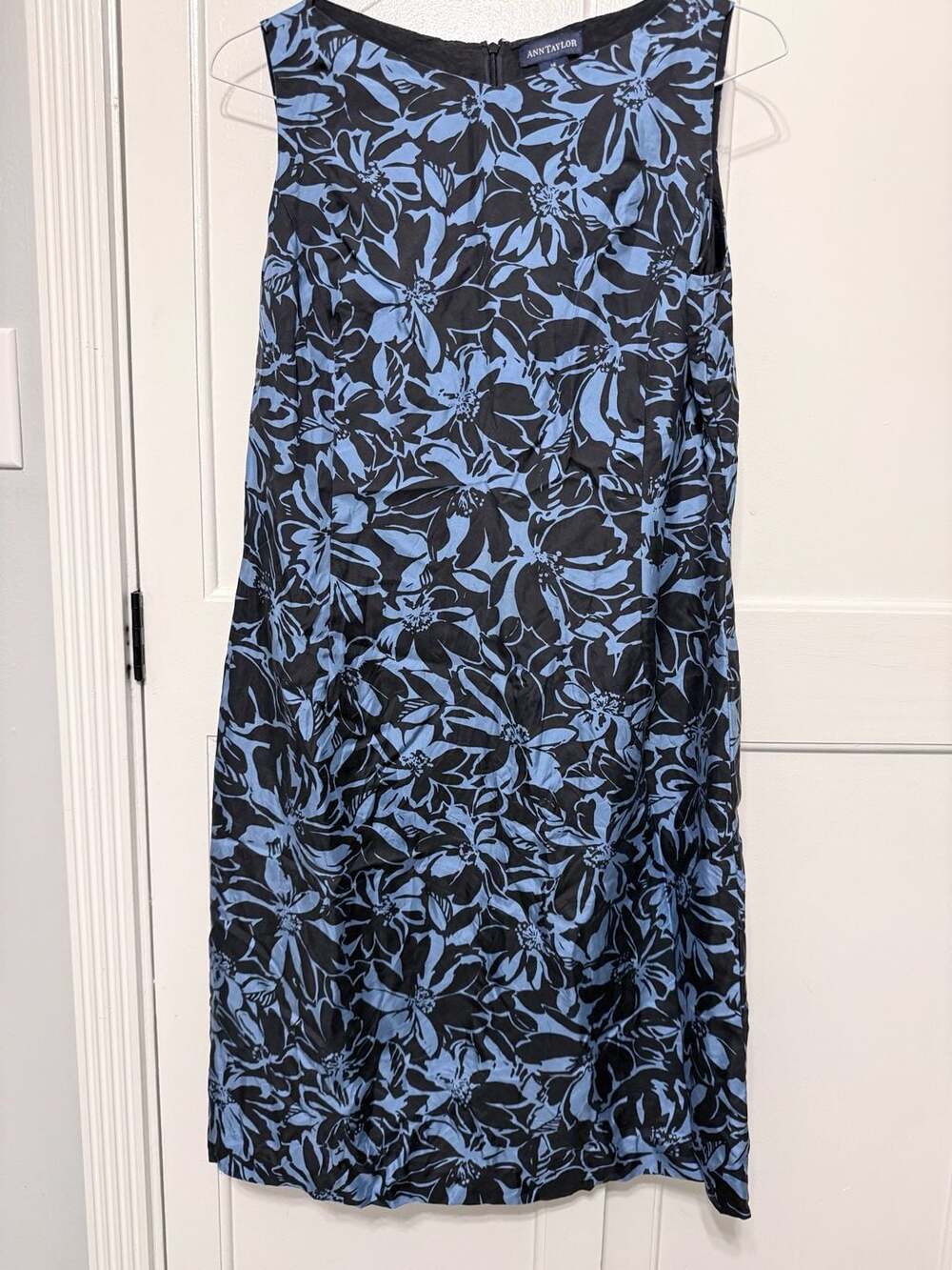 Ann Taylor Women's Blue & Black Floral Silk Sleeveless A-Line Midi Dress Size 14
